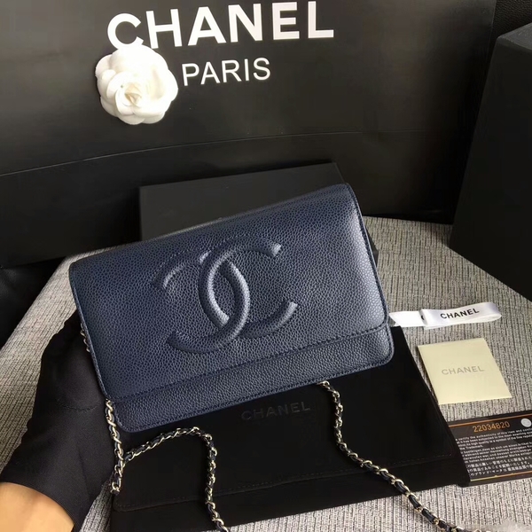 Chanel WOC Original Calfskin Leather Dark Blue Shoulder Bag 33814 Silver