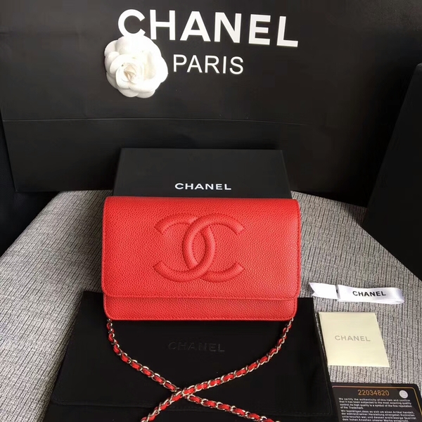 Chanel WOC Original Calfskin Leather Red Shoulder Bag 33814 Silver