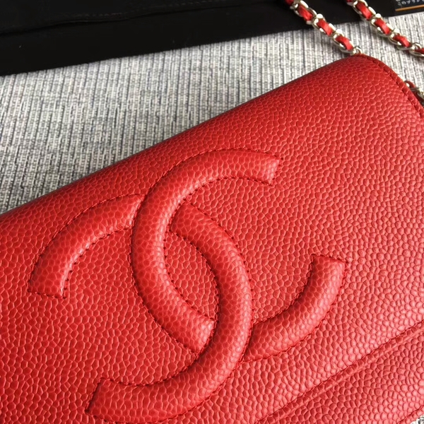 Chanel WOC Original Calfskin Leather Red Shoulder Bag 33814 Silver