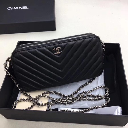 Chanel Shoulder Bag Black Sheepskin Leather V6845 Silver