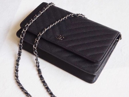 Chanel V mini Flap Bag Black Chevron Cannage Pattern A33814V Silver