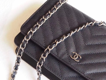 Chanel V mini Flap Bag Black Chevron Cannage Pattern A33814V Silver