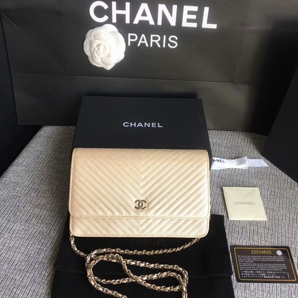 Chanel WOC Flap Shoulder Bag Gold Calfskin Leather A33814 Silver