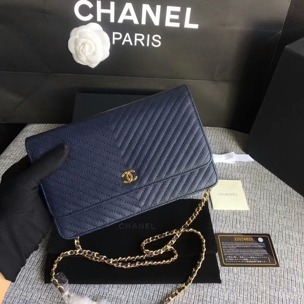 Chanel WOC Flap Shoulder Bag Dark Blue Calfskin Leather A33814 Gold