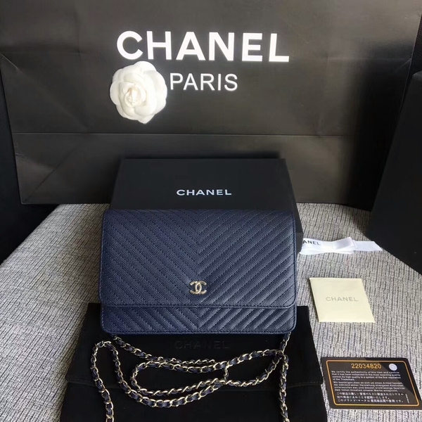 Chanel WOC Flap Shoulder Bag Dark Blue Calfskin Leather A33814 Silver