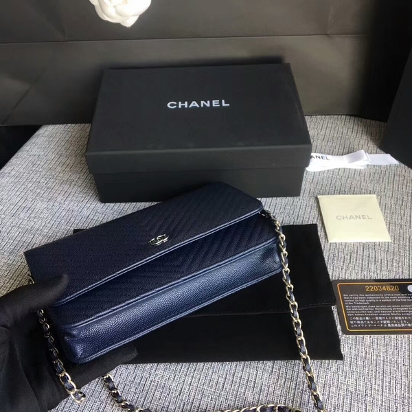 Chanel WOC Flap Shoulder Bag Dark Blue Calfskin Leather A33814 Silver