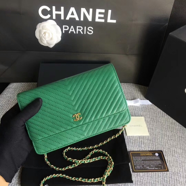 Chanel WOC Flap Shoulder Bag Green Calfskin Leather A33814 Gold