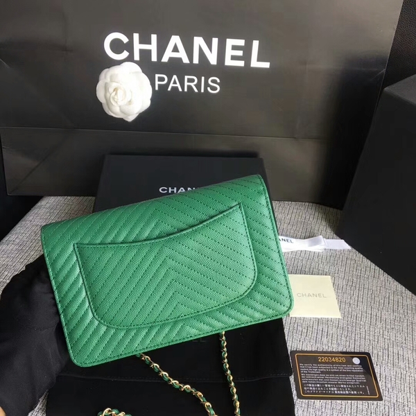 Chanel WOC Flap Shoulder Bag Green Calfskin Leather A33814 Gold