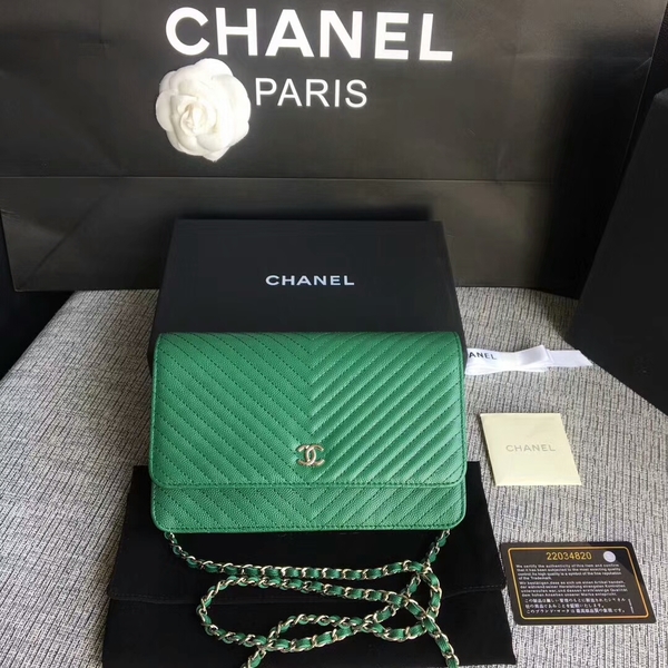 Chanel WOC Flap Shoulder Bag Green Calfskin Leather A33814 Silver