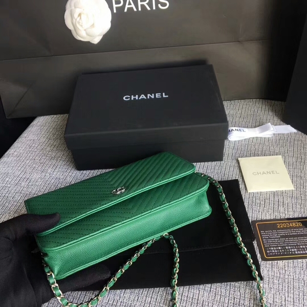 Chanel WOC Flap Shoulder Bag Green Calfskin Leather A33814 Silver