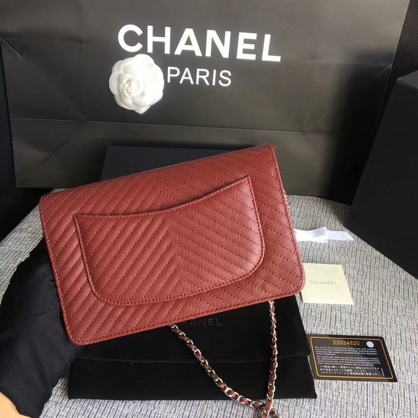 Chanel WOC Flap Shoulder Bag Dark Red Calfskin Leather A33814 Silver