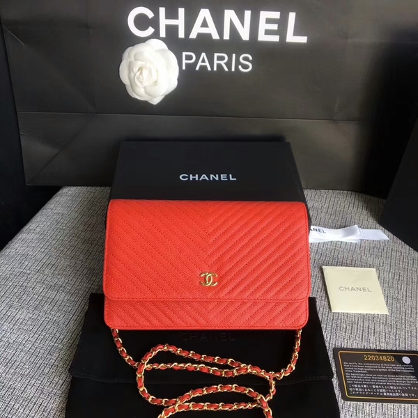 Chanel WOC Flap Shoulder Bag Red Calfskin Leather A33814 Gold