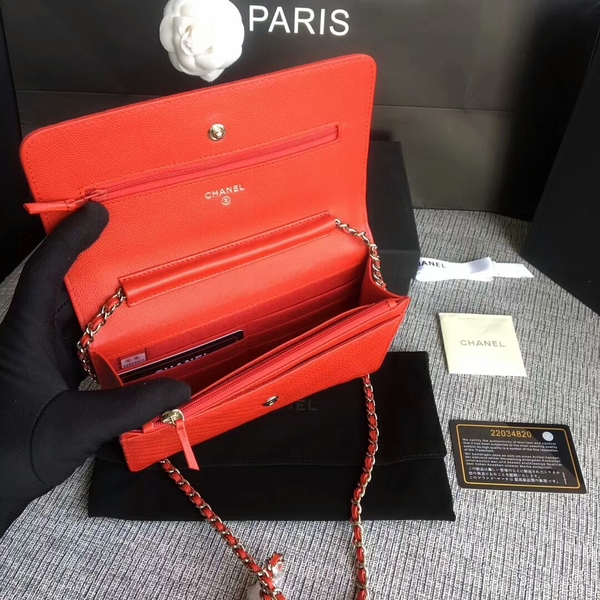 Chanel WOC Flap Shoulder Bag Red Calfskin Leather A33814 Silver