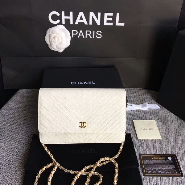 Chanel WOC Flap Shoulder Bag Offwhite Calfskin Leather A33814 Gold