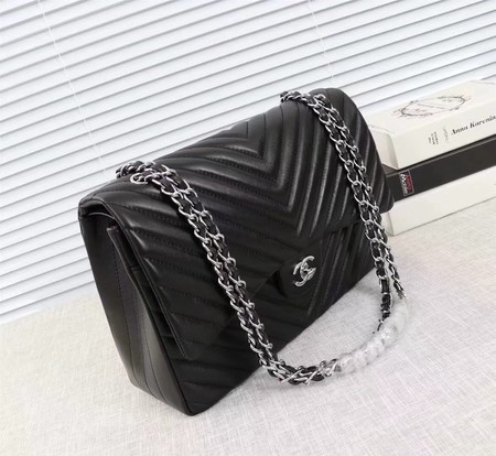 Chanel Maxi Classic Flap Bag Black Chevron Sheepskin Leather A58601 Silver