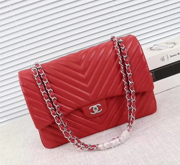 Chanel Maxi Classic Flap Bag Red Chevron Sheepskin Leather A58601 Silver