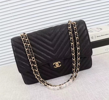 Chanel Maxi Quilted Classic Flap Bag Black Chevron Cannage Pattern A58601 Gold