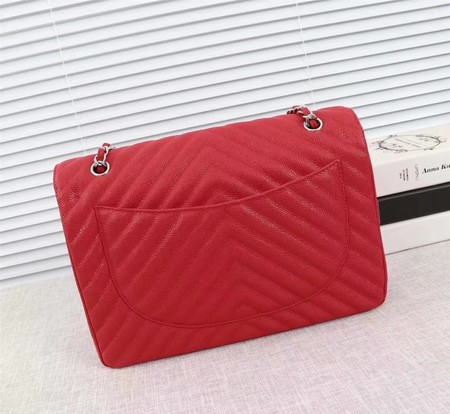 Chanel Maxi Quilted Classic Flap Bag Red Chevron Cannage Pattern A58601 Silver