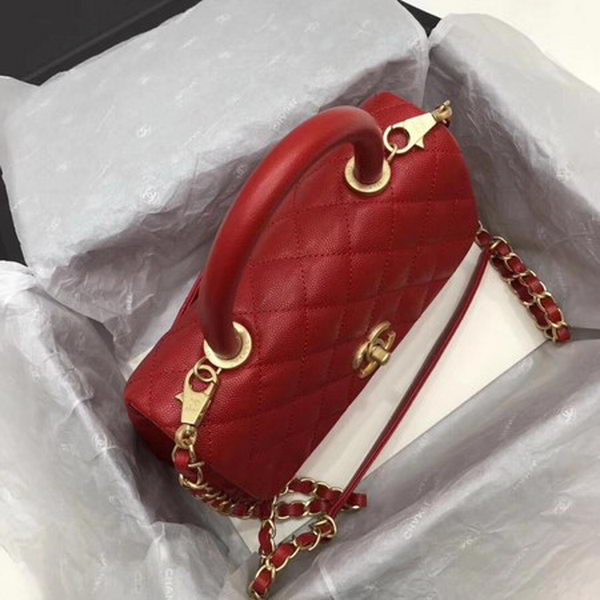 Chanel Classic Top Handle Bag Red Cannage Pattern A92290 Gold