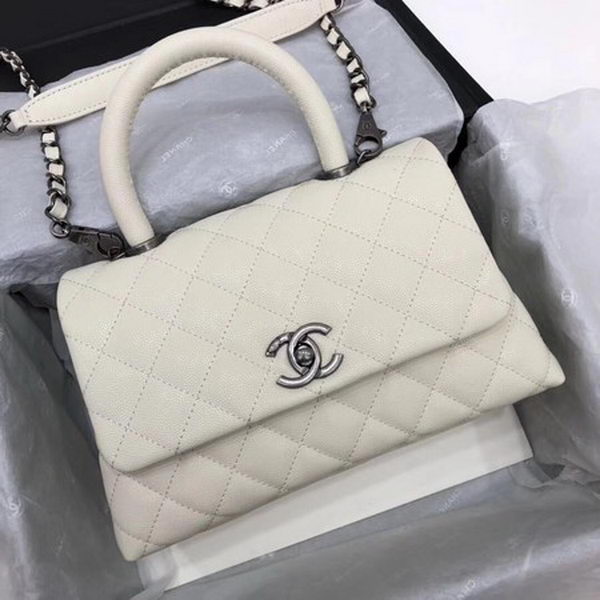 Chanel Classic Top Handle Bag White Cannage Pattern A92290 Silver