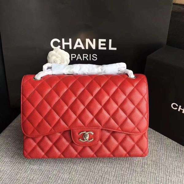 Chanel Flap Shoulder Bags Red Original Calfskin Leather CF1113 Silver