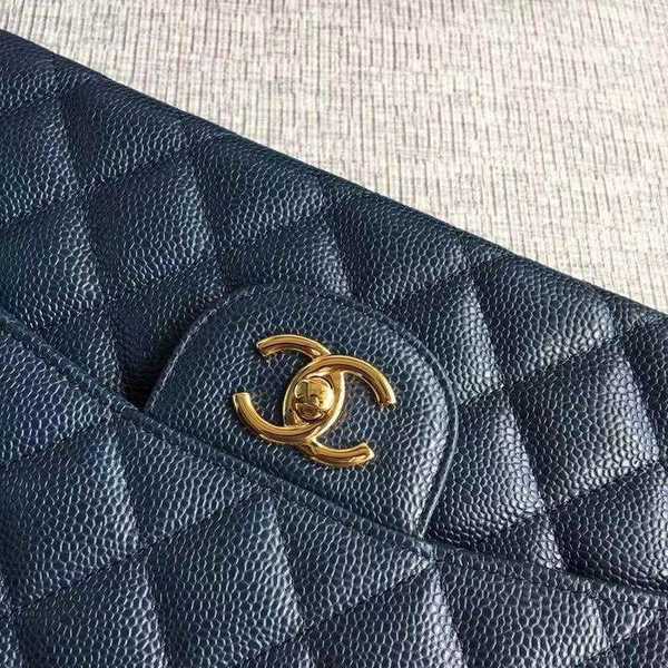 Chanel Flap Shoulder Bags Dark Blue Original Calfskin Leather CF1113 Gold