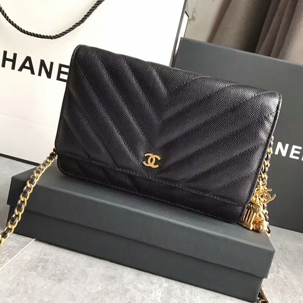 Chanel Owl Pendant Flap Shoulder Bag Calfskin Leather A33814 Black