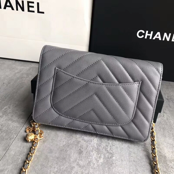 Chanel Owl Pendant Flap Shoulder Bag Calfskin Leather A33814 Grey