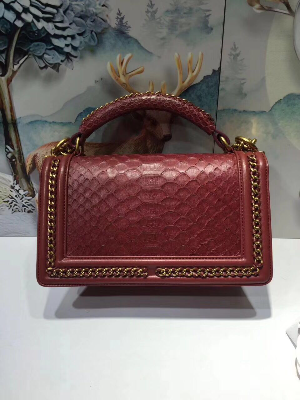 Boy Chanel Flap Shoulder Bag original Snake leather 67086 red