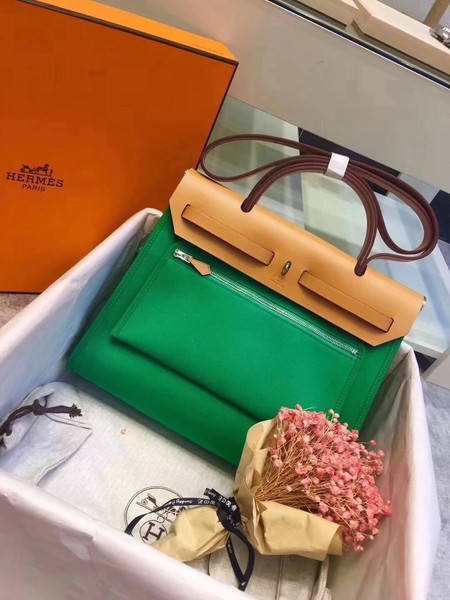 Hermes Herbag 31CM Original Canvas Leather & Calfskin 45987 Green&Apricot