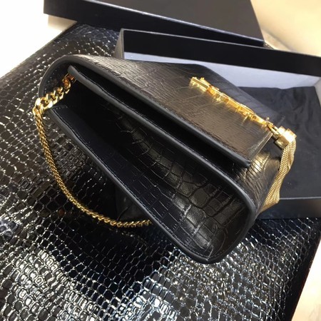 Yves Saint Laurent Crocodile Leather Shoulder Bag 1456 Black&Gold