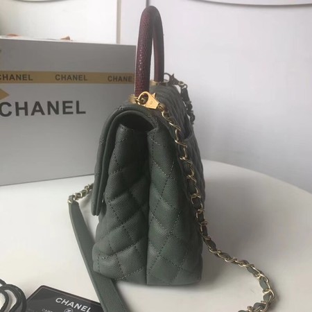 Chanel original Caviar leather flap bag top handle A92991 Blackish green