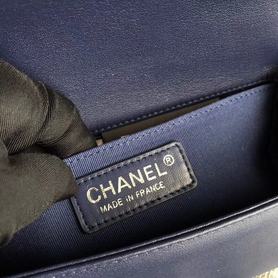 Chanel Le Boy Flap Shoulder Bag Original Calf leather A67085 dark blue silver Buckle