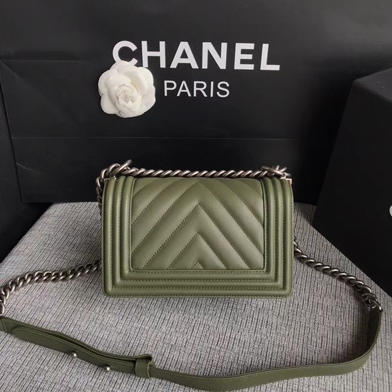 Chanel Le Boy Flap Shoulder Bag Original Calf leather A67085 green silver Buckle