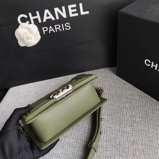 Chanel Le Boy Flap Shoulder Bag Original Calf leather A67085 green silver Buckle