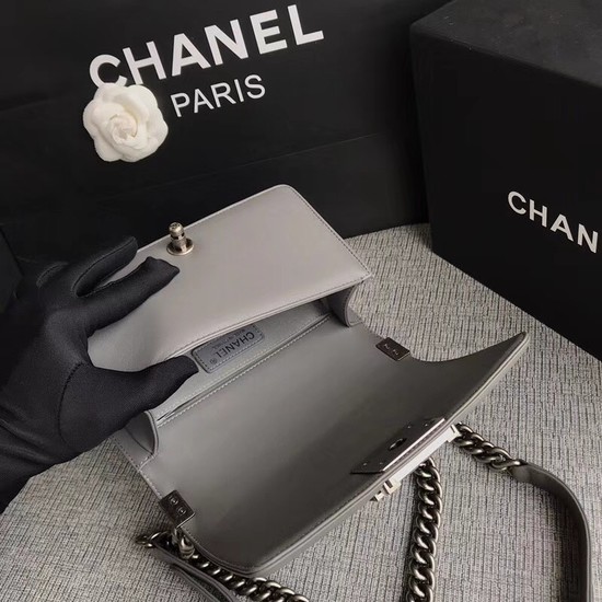 Chanel Le Boy Flap Shoulder Bag Original Calf leather A67085 grey silver Buckle