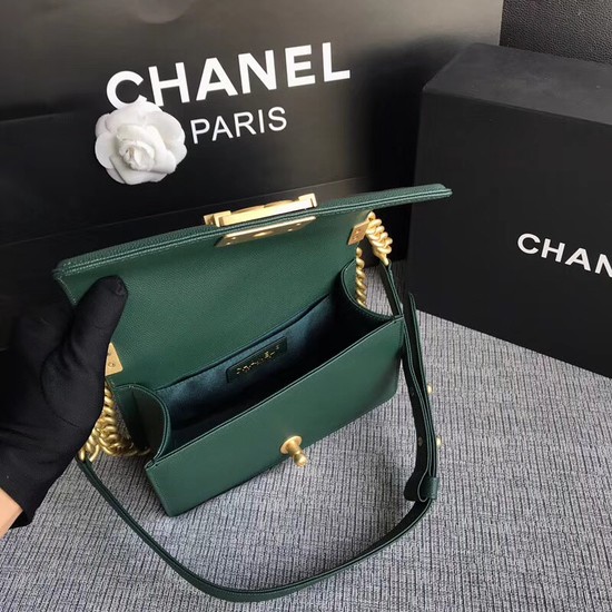 Chanel Le Boy Flap Shoulder Bag Original Caviar Leather P67085 Blackish green Gold Buckle