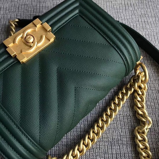 Chanel Le Boy Flap Shoulder Bag Original Caviar Leather P67085 Blackish green Gold Buckle