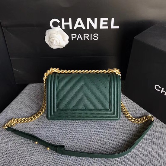 Chanel Le Boy Flap Shoulder Bag Original Caviar Leather P67085 Blackish green Gold Buckle