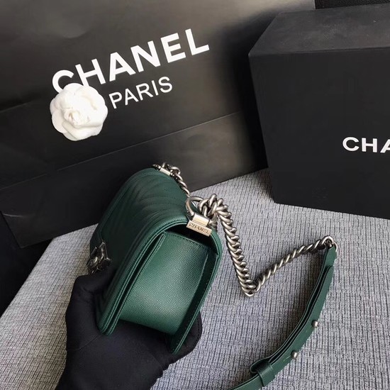 Chanel Le Boy Flap Shoulder Bag Original Caviar Leather P67085 Blackish green silver Buckle