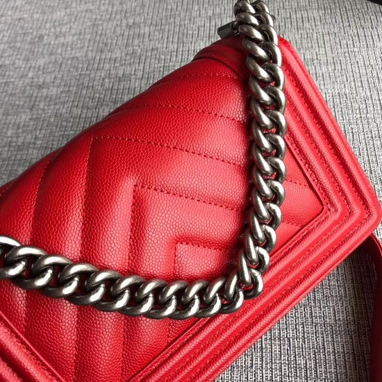 Chanel Le Boy Flap Shoulder Bag Original Caviar Leather P67085 Cherry silver Buckle