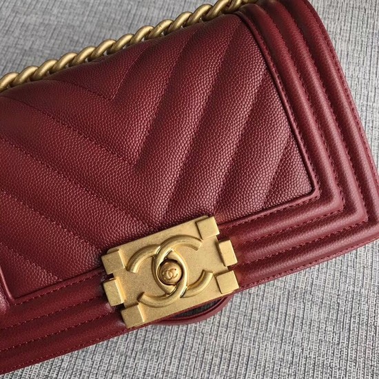 Chanel Le Boy Flap Shoulder Bag Original Caviar Leather P67085 Deep red Gold Buckle