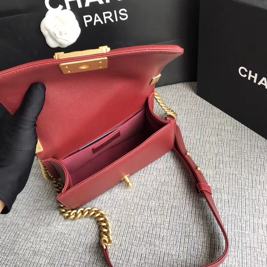 Chanel Le Boy Flap Shoulder Bag Original Caviar Leather P67085 Deep red Gold Buckle