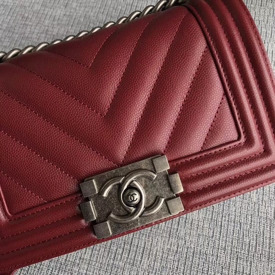 Chanel Le Boy Flap Shoulder Bag Original Caviar Leather P67085 Deep red silver Buckle