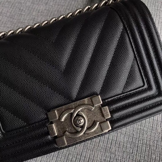 Chanel Le Boy Flap Shoulder Bag Original Caviar Leather P67085 black silver Buckle