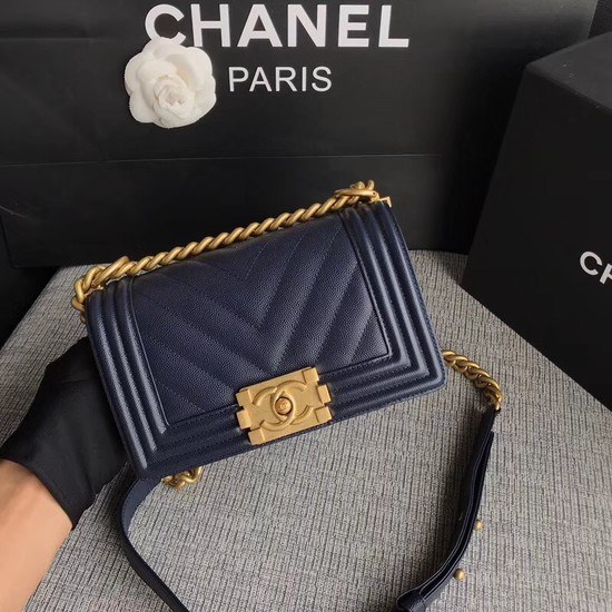 Chanel Le Boy Flap Shoulder Bag Original Caviar Leather P67085 dark blue Gold Buckle