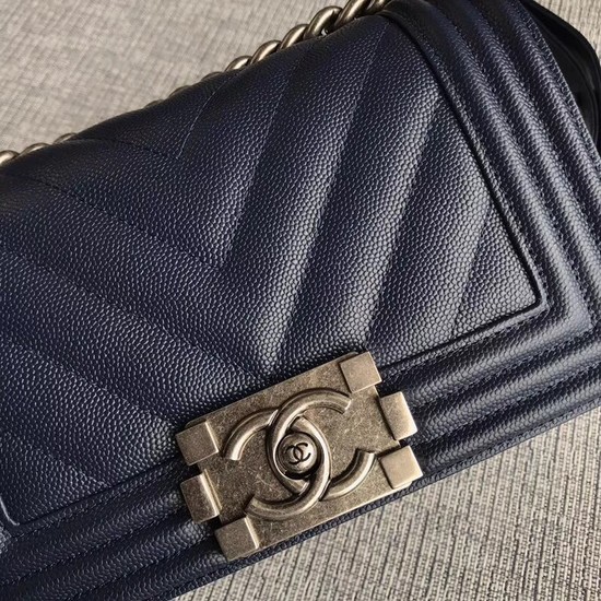 Chanel Le Boy Flap Shoulder Bag Original Caviar Leather P67085 dark blue silver Buckle