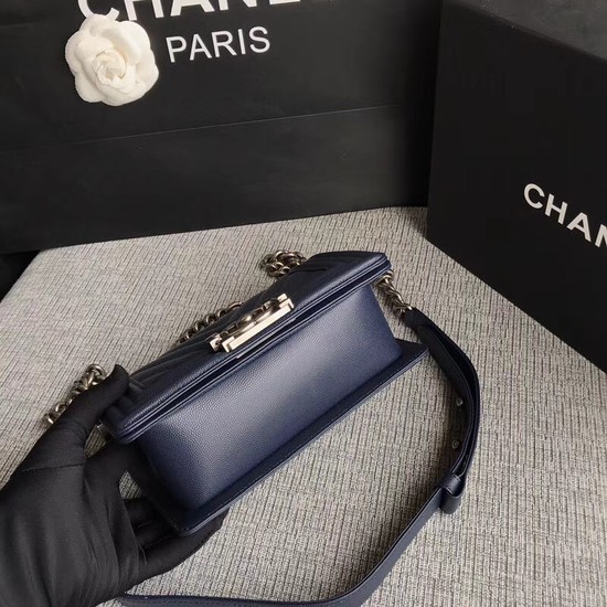 Chanel Le Boy Flap Shoulder Bag Original Caviar Leather P67085 dark blue silver Buckle