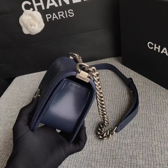 Chanel Le Boy Flap Shoulder Bag Original Caviar Leather P67085 dark blue silver Buckle