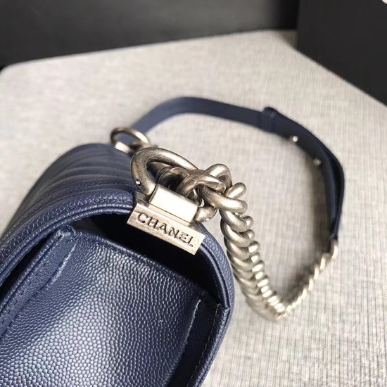 Chanel Le Boy Flap Shoulder Bag Original Caviar Leather P67085 dark blue silver Buckle